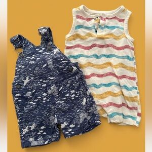 Bundle of Coastal Beachy Striped Sleeveless Romper and Fish Ocean Overalls Set